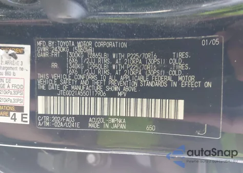 2005 Toyota Highlander из США, поврежденный, VIN JTEGD21A550117906